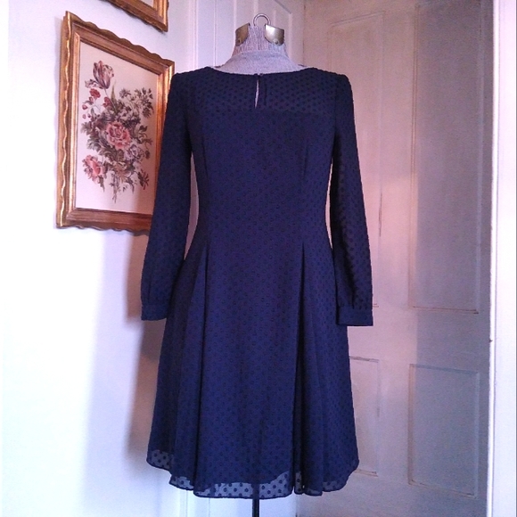 J. CREW Navy Blue Polka Dot Dress with Sheer sleeves - Picture 1 of 6